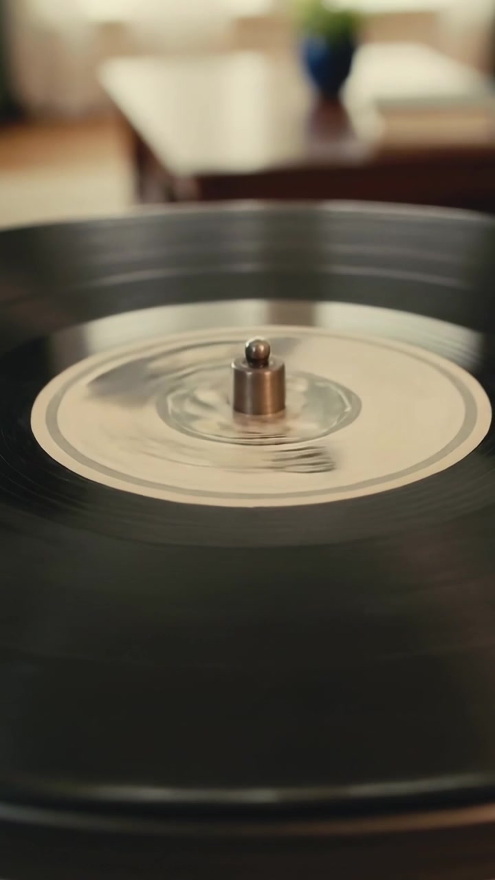 Vertical video: Spinning vinyl record after motor starts for music on deck at table, cream label
