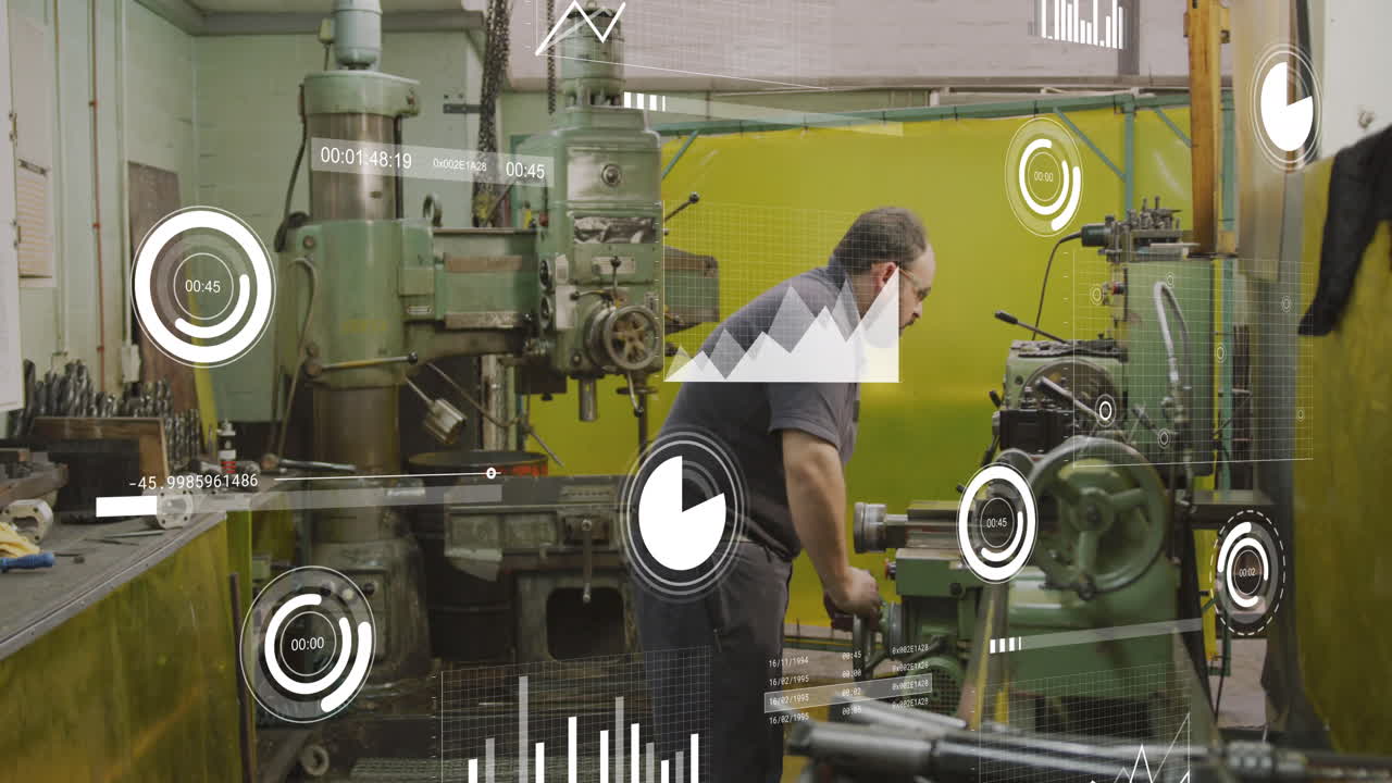 animación de múltiples gráficos y barras de carga sobre maquinaria mecánica caucásica que opera en el garaje.