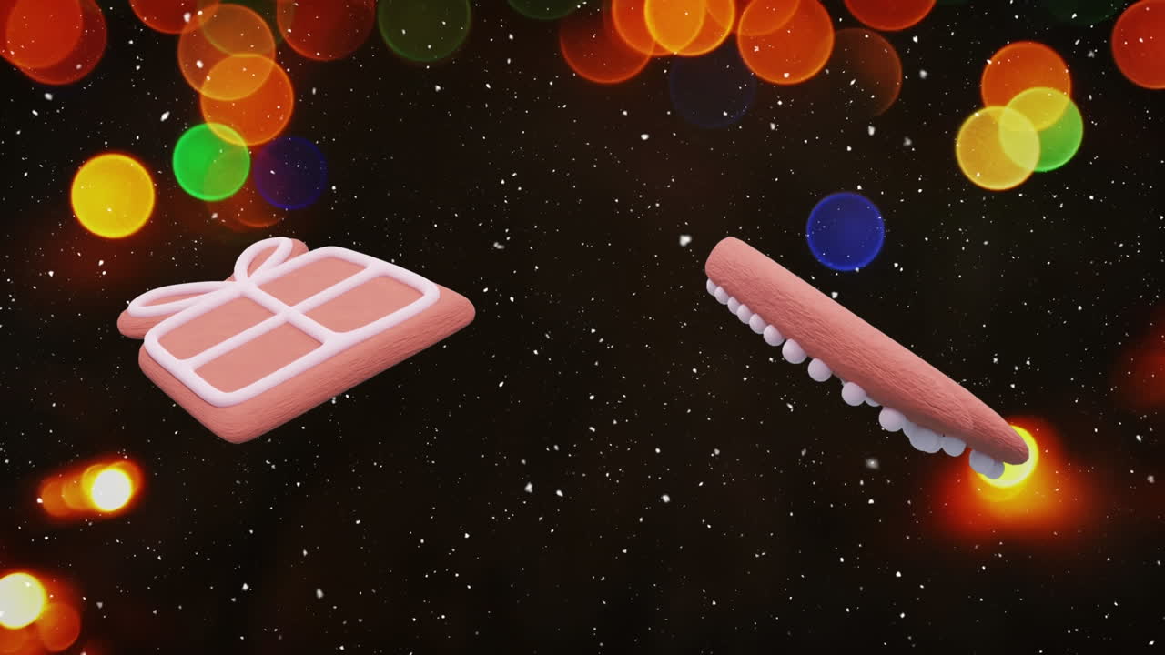animación de galletas de pan de jengibre de navidad sobre la nieve que cae y las luces de hadas de navidad.