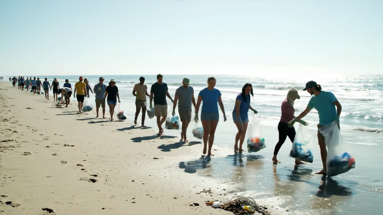 자원 봉사자 들 이 해변 을 청소 하고 있다