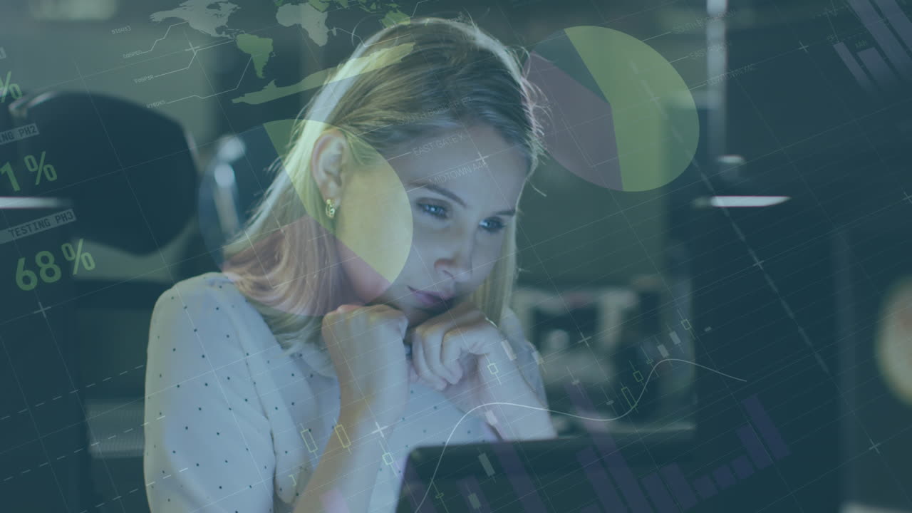 Animation of statistical data processing over thoughtful caucasian woman looking at computer screen