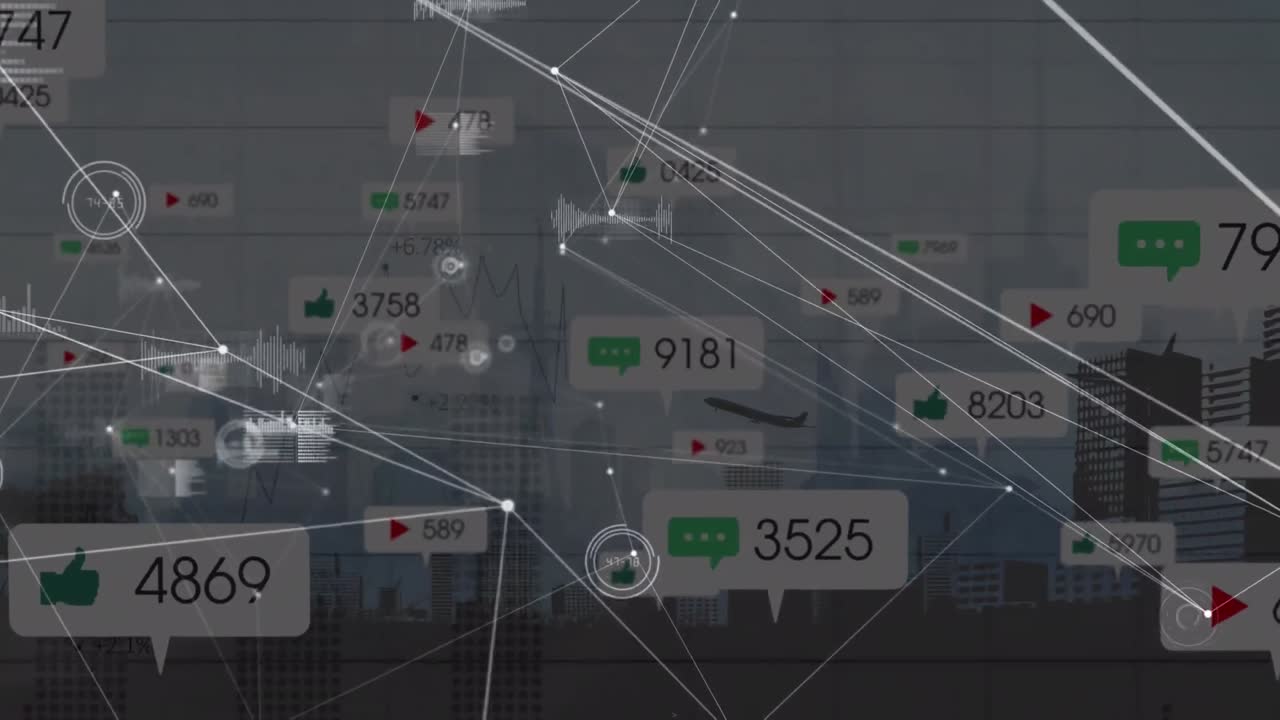 소셜 미디어 아이콘의 애니메이션, 데이터 처리 및 연결 네트워크
