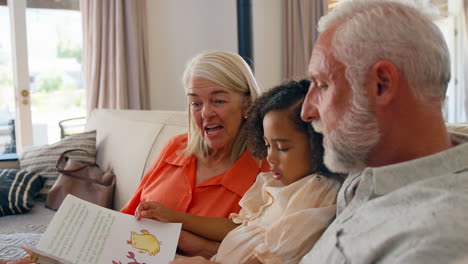 Granddaughter-Reading-With-Grandparents-On-Sofa-At-Home