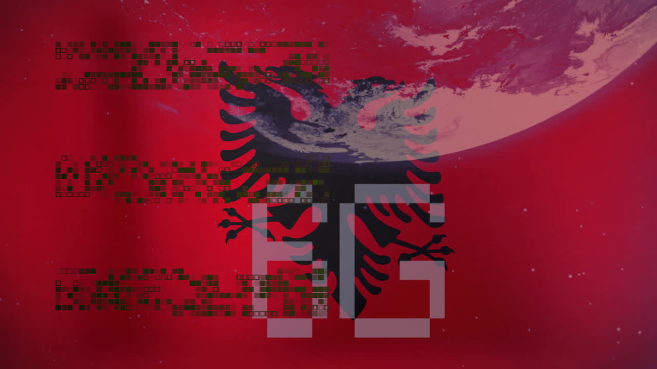 Silueta dvouhlavého orla dominující glitch scéně, překrývající se písmena, unášející se fragmenty kódu.
