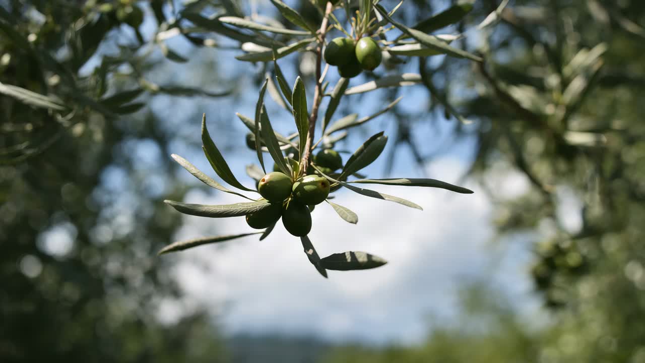 Swaying twig with green olives moving in breeze at orchard, camera centering keeping fruits sharp