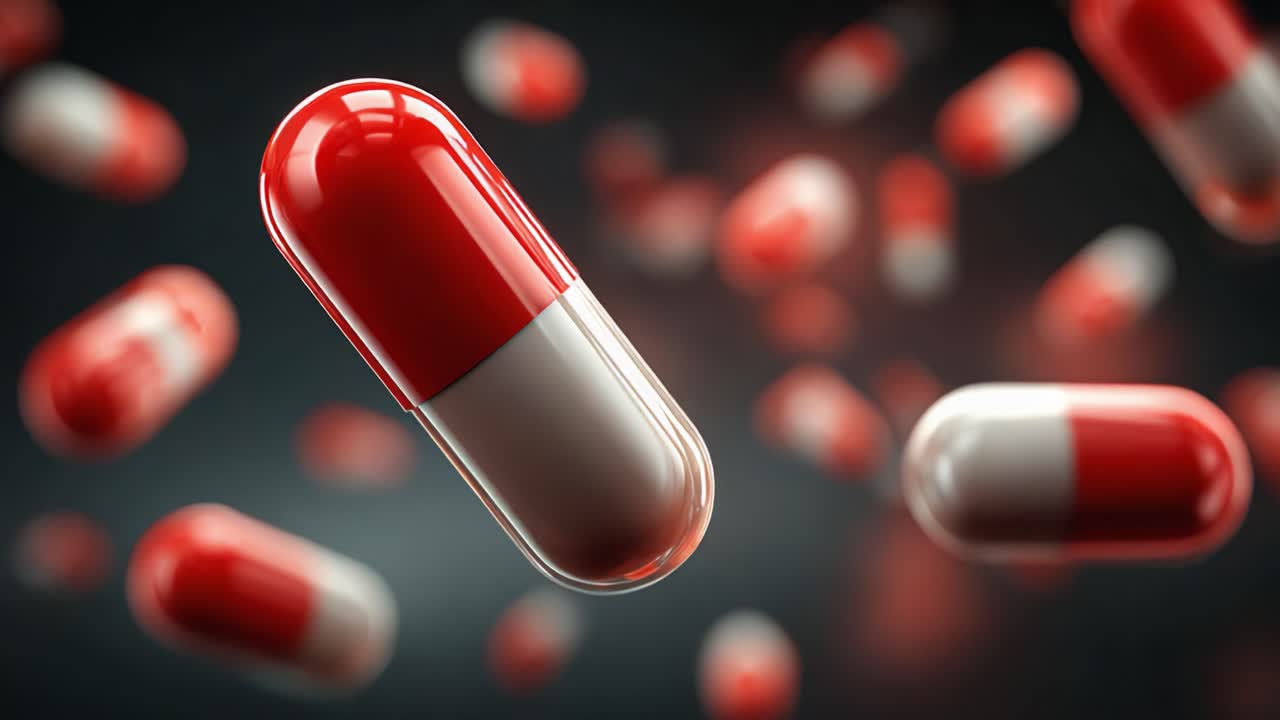 A Dynamic Composition of Red and White Capsules Floating Against a Dark Background, Representing Pharmaceuticals and Medicine in a Vivid, High-Resolution Image
