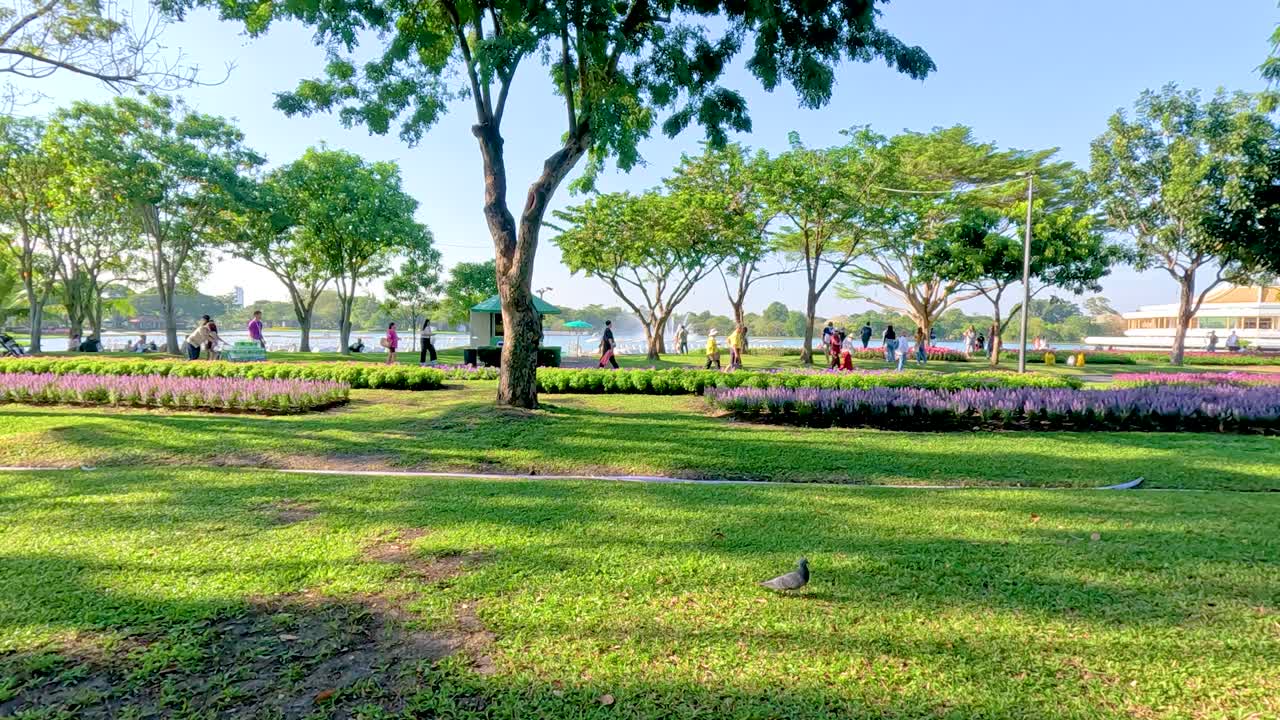 A serene morning scene in Bangkok's Rama IX Park with people strolling under clear skies and lush greenery