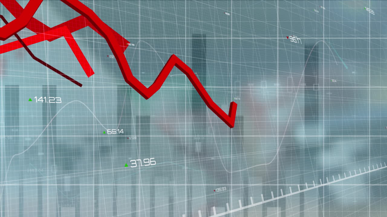 Animation of financial data processing with red lines over casino cards and chips