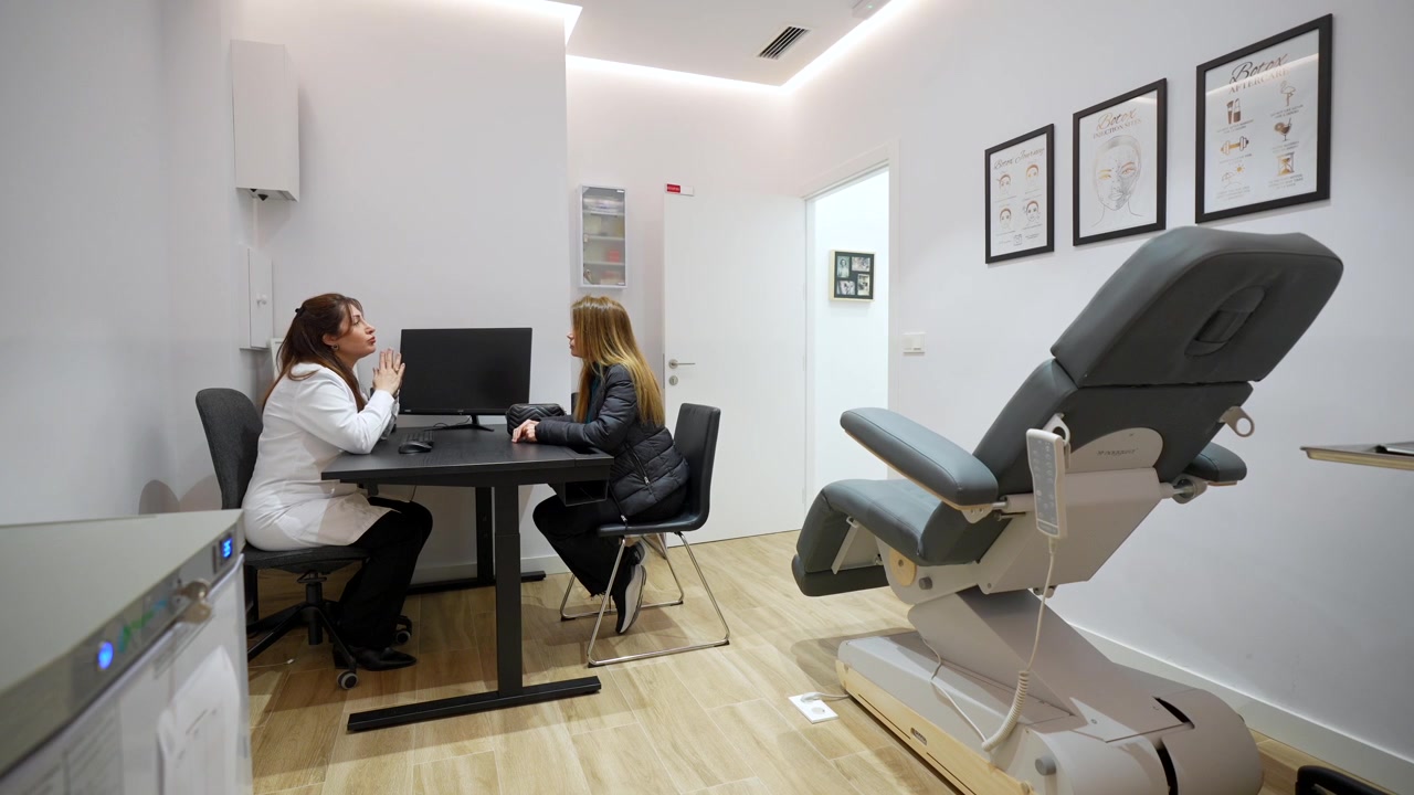 Dermatologista consultando paciente em clínica estética moderna