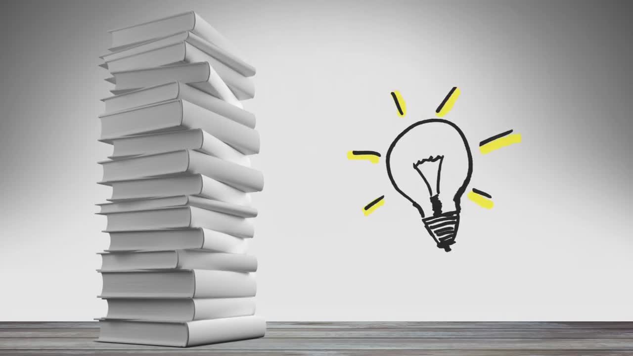 Pile of blank books and flashing lightbulb