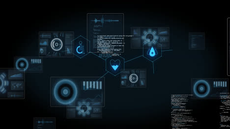 animación de iconos médicos y procesamiento de datos sobre fondo negro