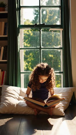 young girl reading a book by a sunny window