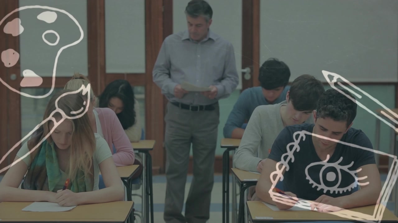 Animation of school icons over caucasian male teacher with diverse students during exam