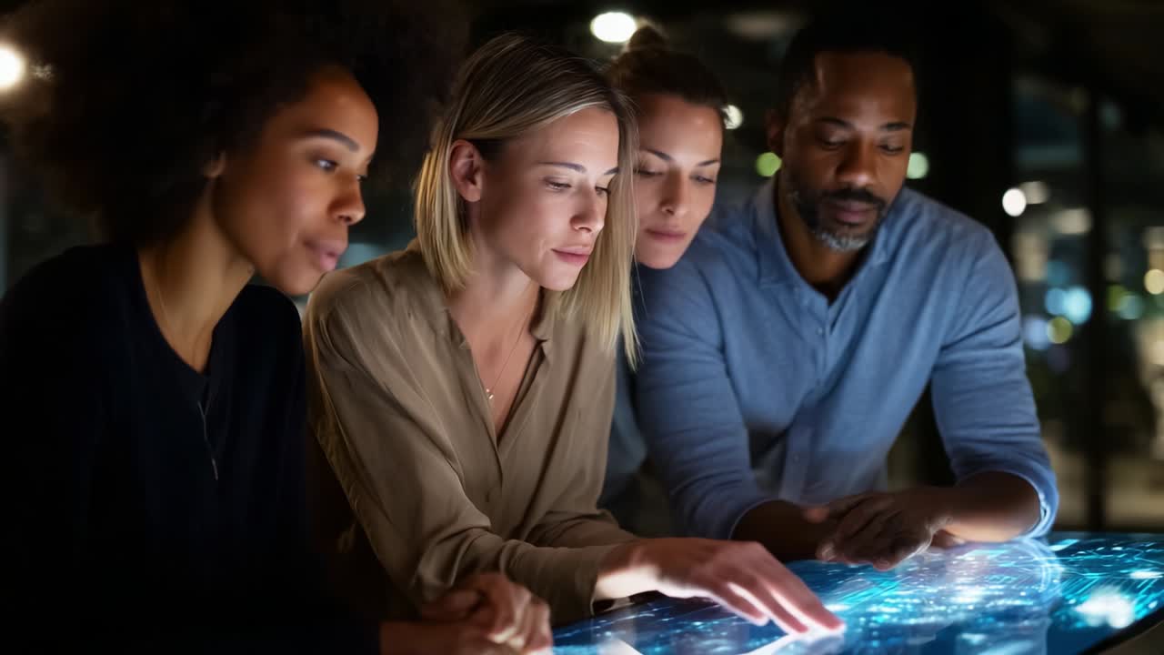 A Collaborative Experience: Four Engaged Individuals Interacting with a Touchscreen Interface in an Innovative and Modern Environment, Showcasing the Power of Technology and Teamwork