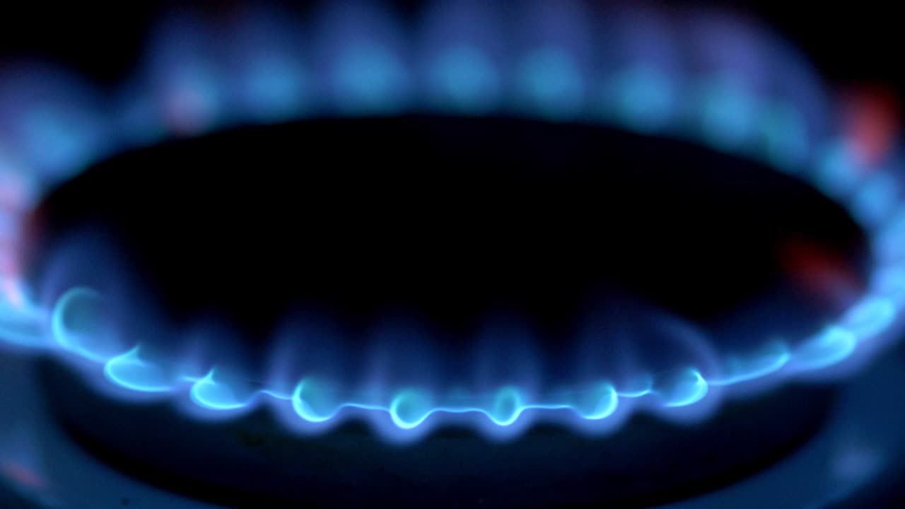 가스 스토브 버너가 파란 불꽃으로 불타오릅니다. 클로즈업, uhd