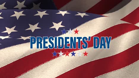 animation of presidents' day text and red, white and blue stars, over american flag