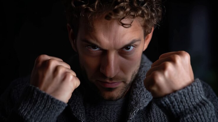Intenso Momento di Determinazione: Un Uomo con Espressione Concentrata che Mostra Forza, Sfida e Potenza, Catturato in Due Coinvolgenti Fotogrammi di Emozione