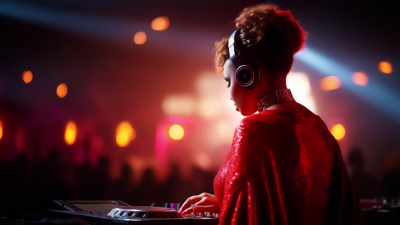 Illuminated DJ in Motion: Captivating Scenes of a Talented Performer at the Turntables, Creating Vibes and Energy Amidst a Lively Nightclub Atmosphere with Colorful Lighting