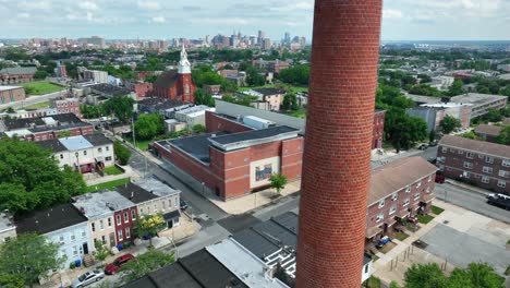 neighborhood inner city ghetto, aerial rises to reveal urban skyline