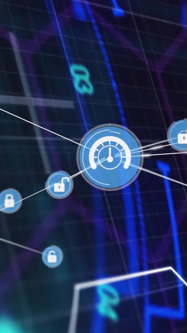 Vertical video: Blue gauge emitting pulse, spawning locked nodes and links for security tech
