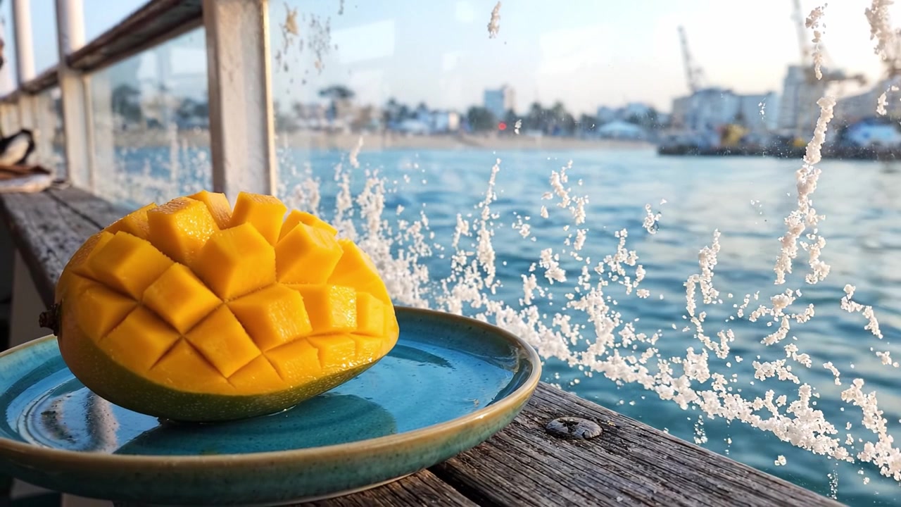 Una vivace metà di mango su un piatto blu che si affaccia su una serena scena costiera con dolci onde che si infrangono contro una finestra in un pomeriggio di sole.