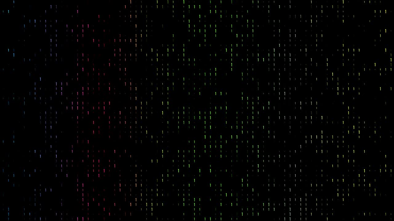 4k Gradient, colorful binary code with lots of the number ones glowing and fading out loopable background video on a black screen  for stock market and exchange, data, big data, business finance, communication, internet, virtual reality concepts