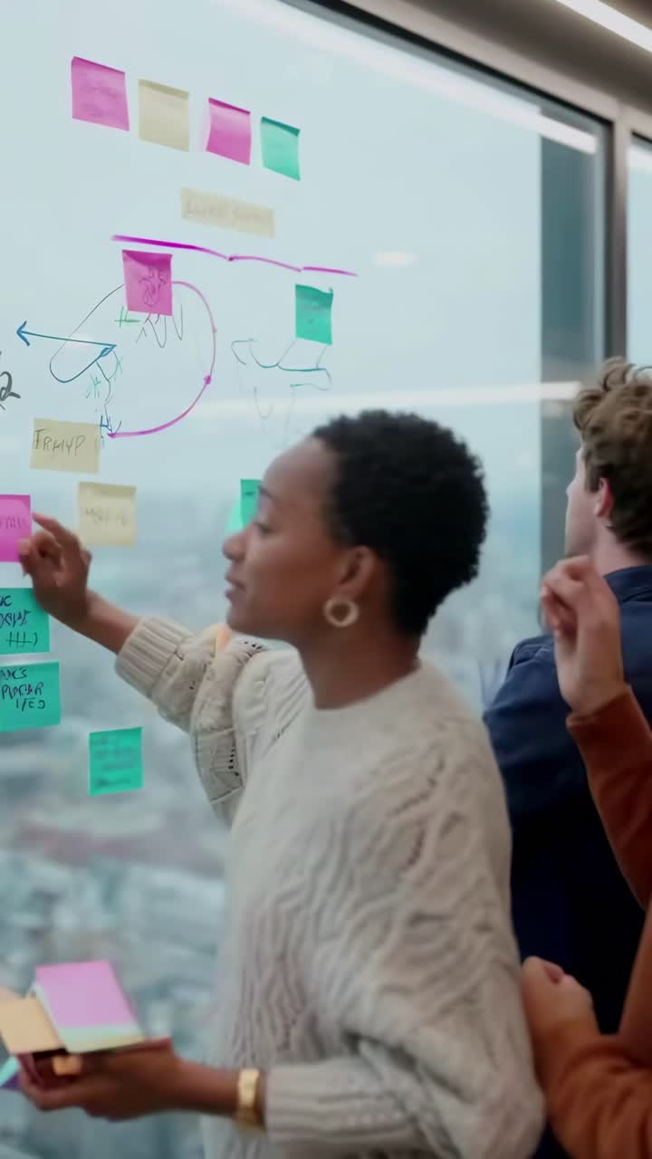 Video von einem Team beim Brainstorming mit Haftnotizen an einem Fenster, aufgenommen von einem seitlichen Winkel