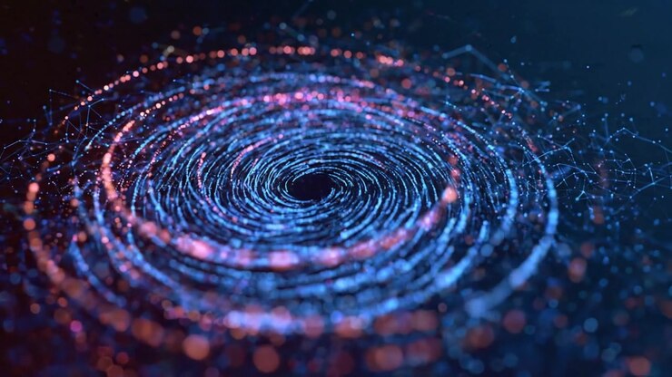 Colorful Particle Spiral Rotating Against a Dark Abstract Digital Background