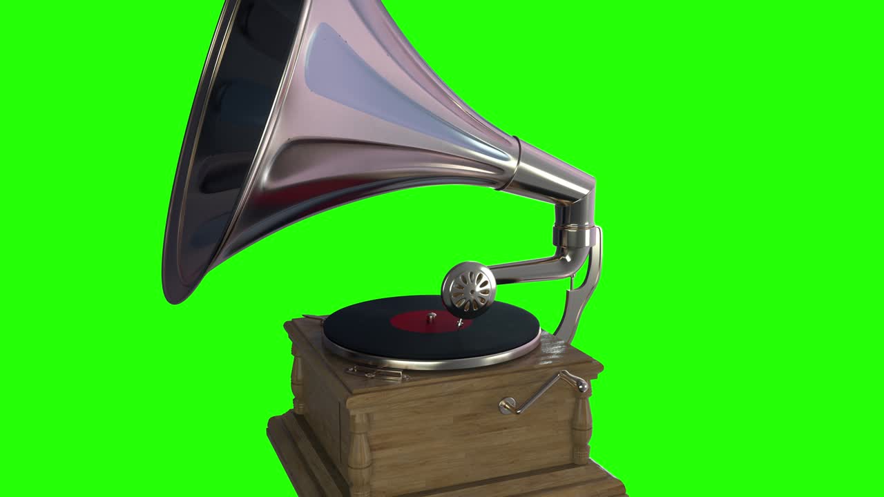 빈티지 그라모폰 (vintage gramophone) 은 녹색 스크린 배경에서 비닐 음반을 재생하는 기기이다.