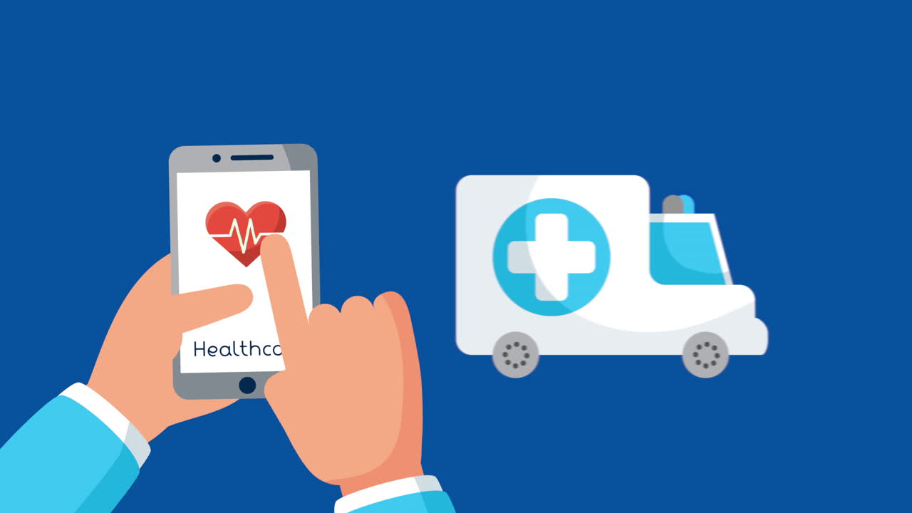 la interfaz de la aplicación de salud con un teléfono inteligente y una ambulancia