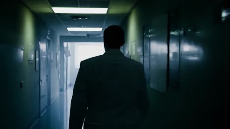 Serious doctor walking through dimly lit hospital corridor with determination, heading towards brightly lit area, showcasing focus and professionalism