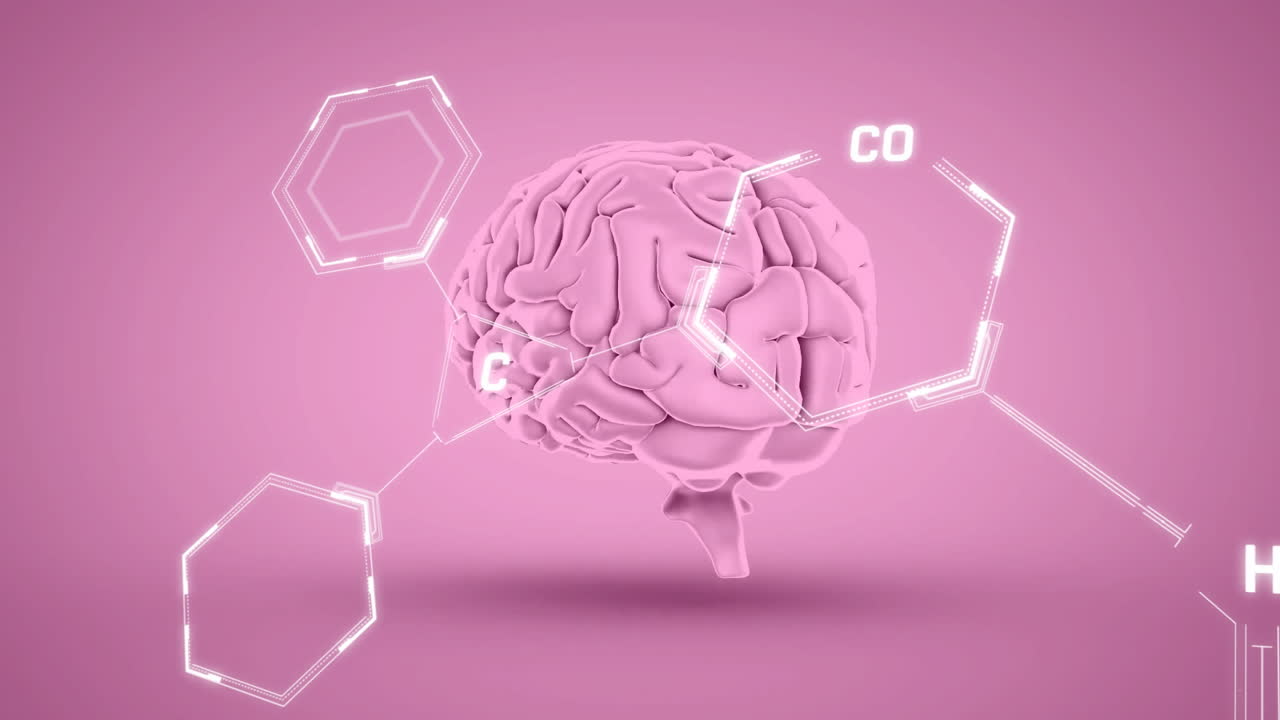 animación del procesamiento de datos científicos sobre el cerebro humano en fondo rosa