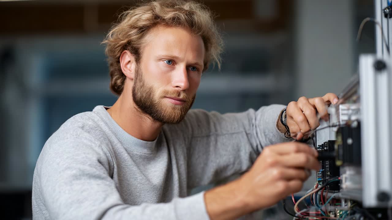 Focused Technologist Working on Circuit Connections and Electronic Components in a Modern Workspace, Engaging in High-Tech Project Development with Precision and Attention to Detail