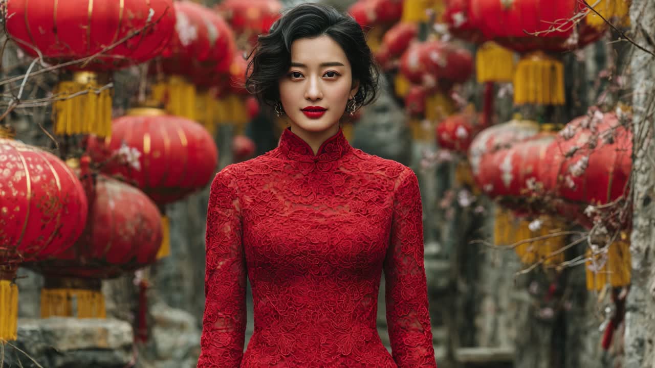 Una mujer hermosa con un vestido rojo tradicional se alza elegante entre vibrantes farolillos rojos, capturando la esencia de la elegancia cultural y la festividad