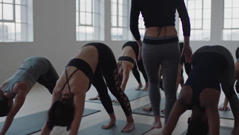 yoga class instructor teaching downward-facing dog pose group of women practicing enjoying healthy lifestyle exercising in fitness studio at sunrise