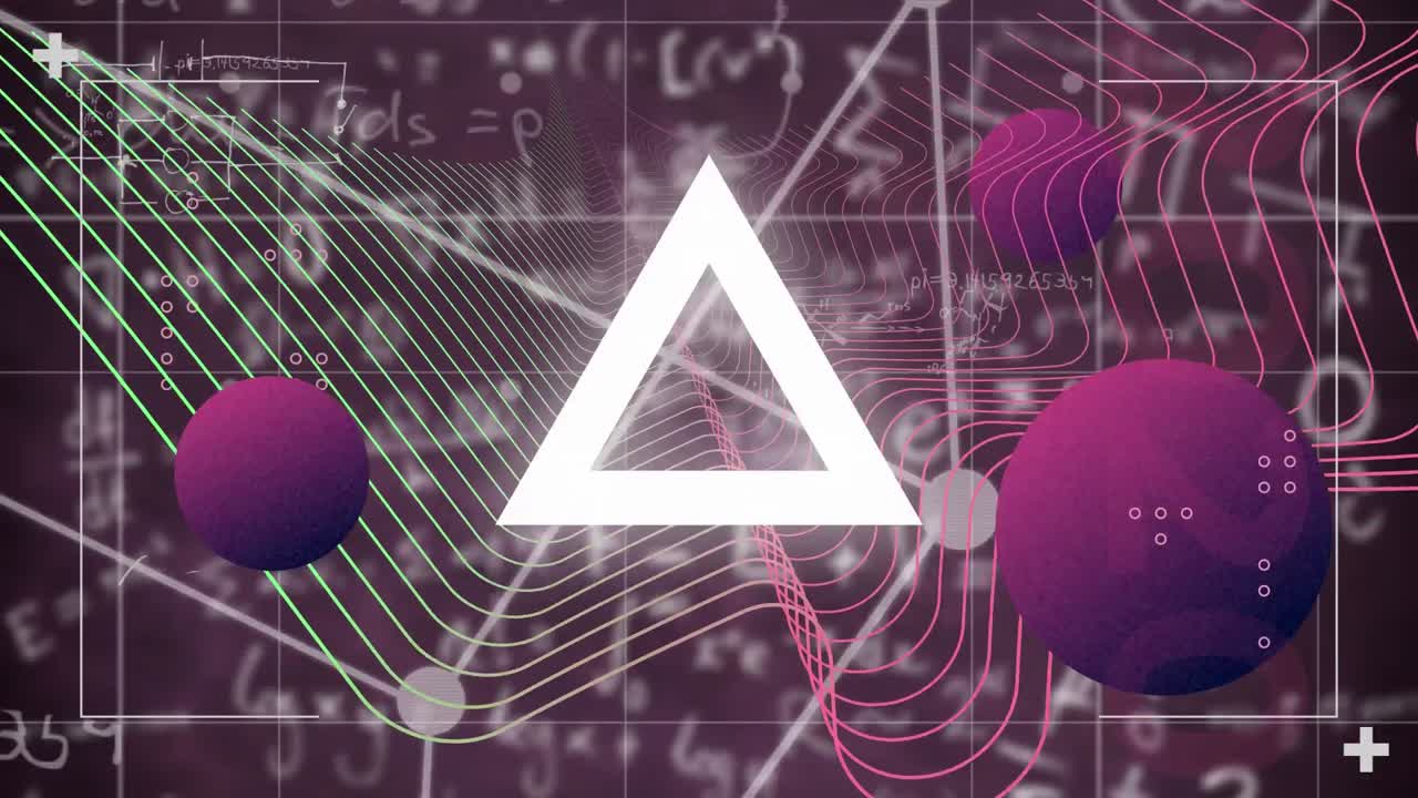 animación digital de formas abstractas que se mueven contra ecuaciones matemáticas en un fondo púrpura