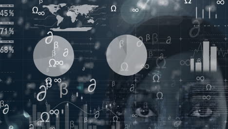 animation of financial data processing over biracial businesswoman on dark background