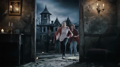 a group of terrified individuals sprinting through a decaying mansion filled with shadows, flickering candles, and an eerie atmosphere, signifying an intense escape from danger.