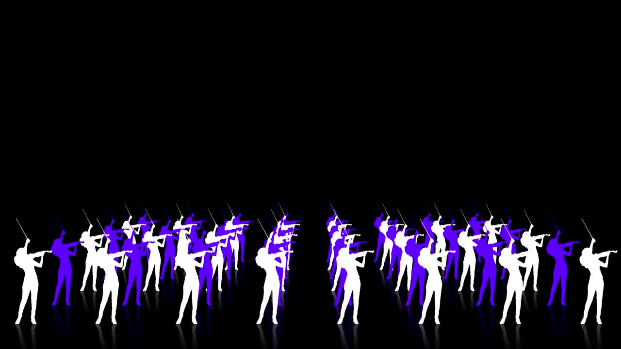 un grupo de violines interpretan sincrónicamente una pieza sinfónica. figuras contrastantes en filas en perspectiva sobre un fondo negro
