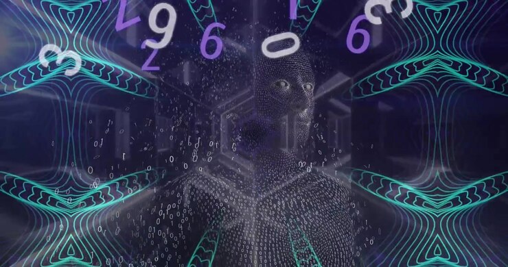Animation af databehandling og digitalt menneskehoved over former på sort baggrund