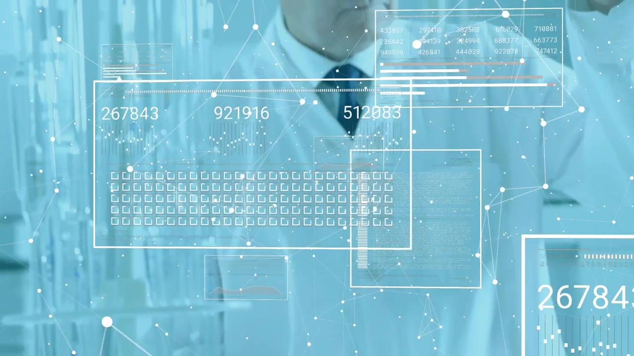 Senior male scientist in lab noting data examining test tube causing holographic panels updating