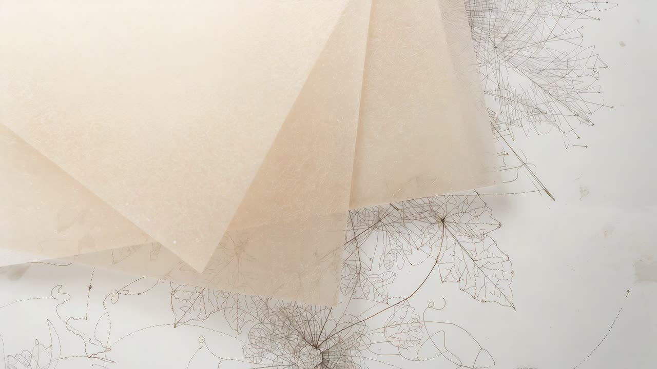 Shifting translucent beige sheets revealing botanical sketch on pale table with frames advancing
