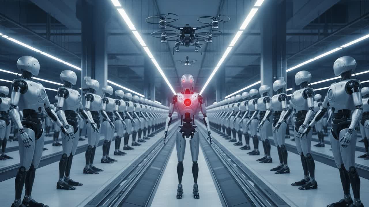 A Futuristic Assembly Line Showcasing an Advanced Robot Surrounded by Identical Drones and Humanoid Robots in a High-Tech Environment