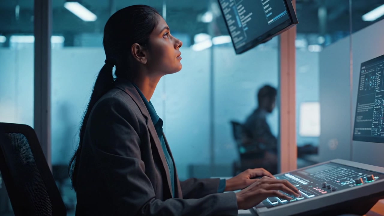Focused Professional Working at a High-Tech Control Center, Engaged in Complex Data Analysis with Multiscreen Setup for Optimal Performance and Efficiency