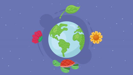 world planet with flowers and leafs animation