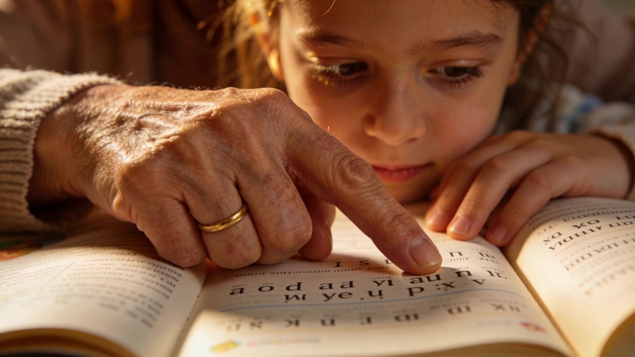 Mano anziana con anello d'oro che indica e guida un bambino attraverso un libro a casa, insegnando le lettere stampate.