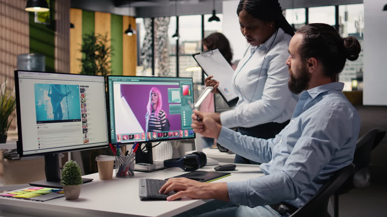 Diverse photographers team, editing software and image selection, photo editor