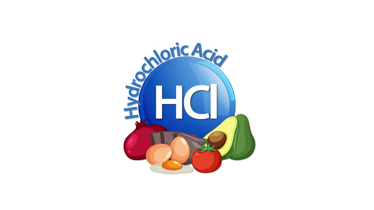 A blue hydrochloric acid (HCl) icon animates to the center, surrounded by illustrated fruits and vegetables, with text appearing in a clean, white background