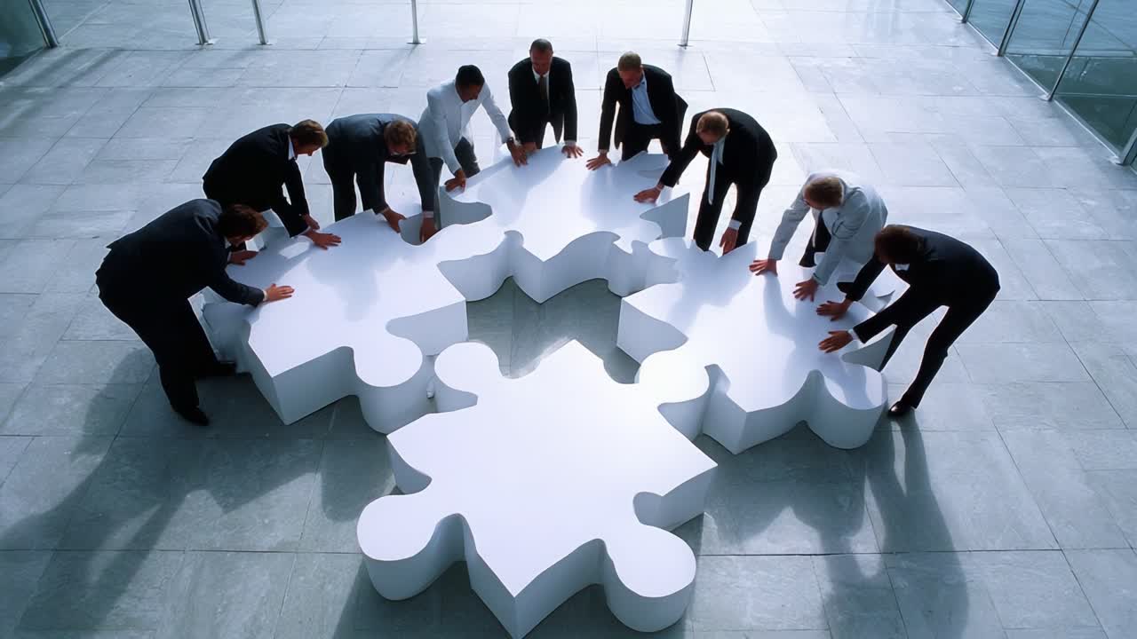 A Collaborative Puzzle Assembly: Team Members Engage in Problem-Solving to Fit Together Large White Puzzle Pieces in a Modern Office Environment