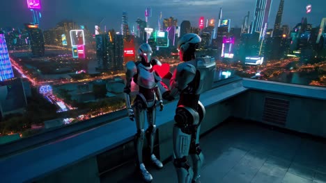 robots in love over a futuristic cityscape